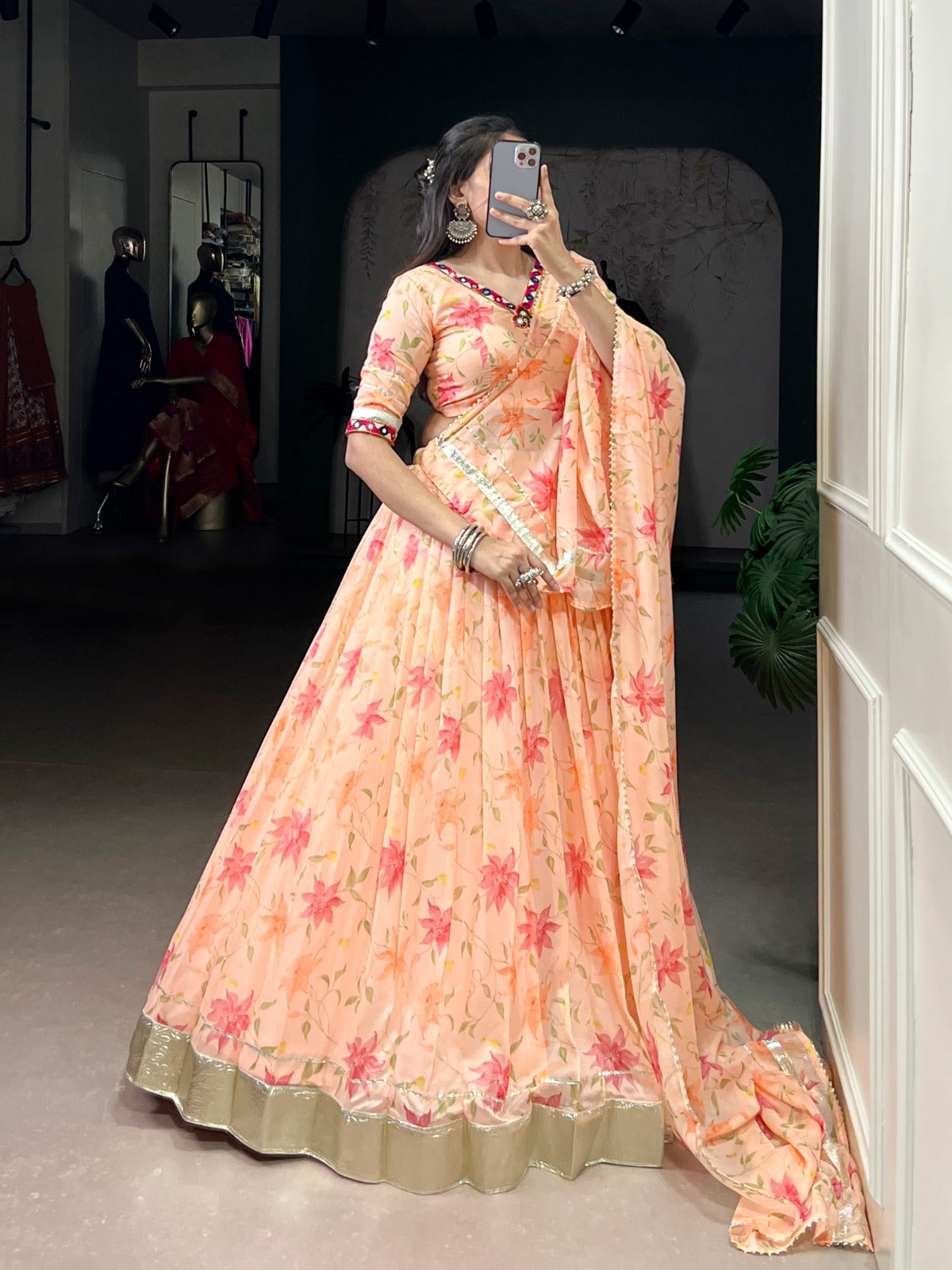 Peach Colour Tabby Silk Floral Print Party Wear Lehenga Choli With Dupatta