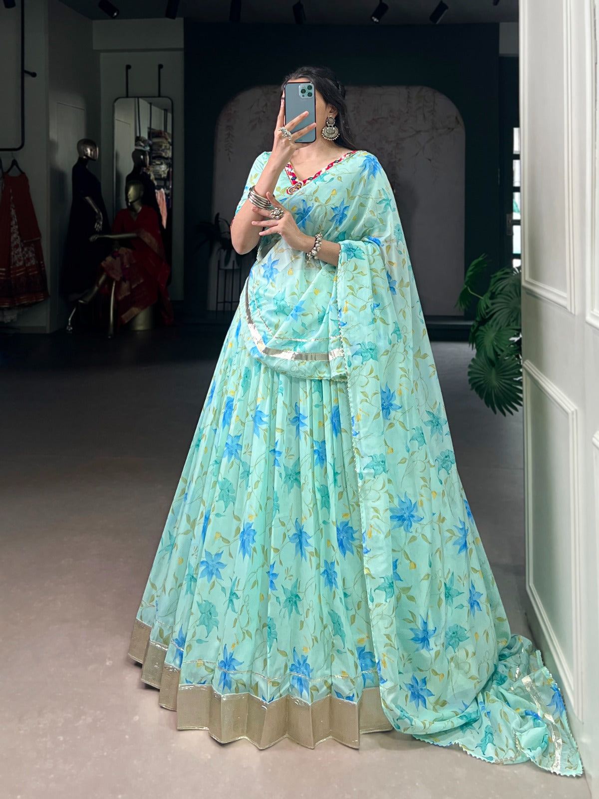 Powder Blue Colour Tabby Silk Floral Print Party Wear Lehenga Choli With Dupatta
