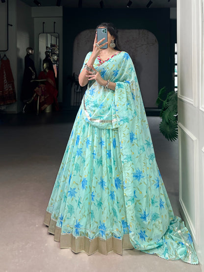 Powder Blue Colour Tabby Silk Floral Print Party Wear Lehenga Choli With Dupatta