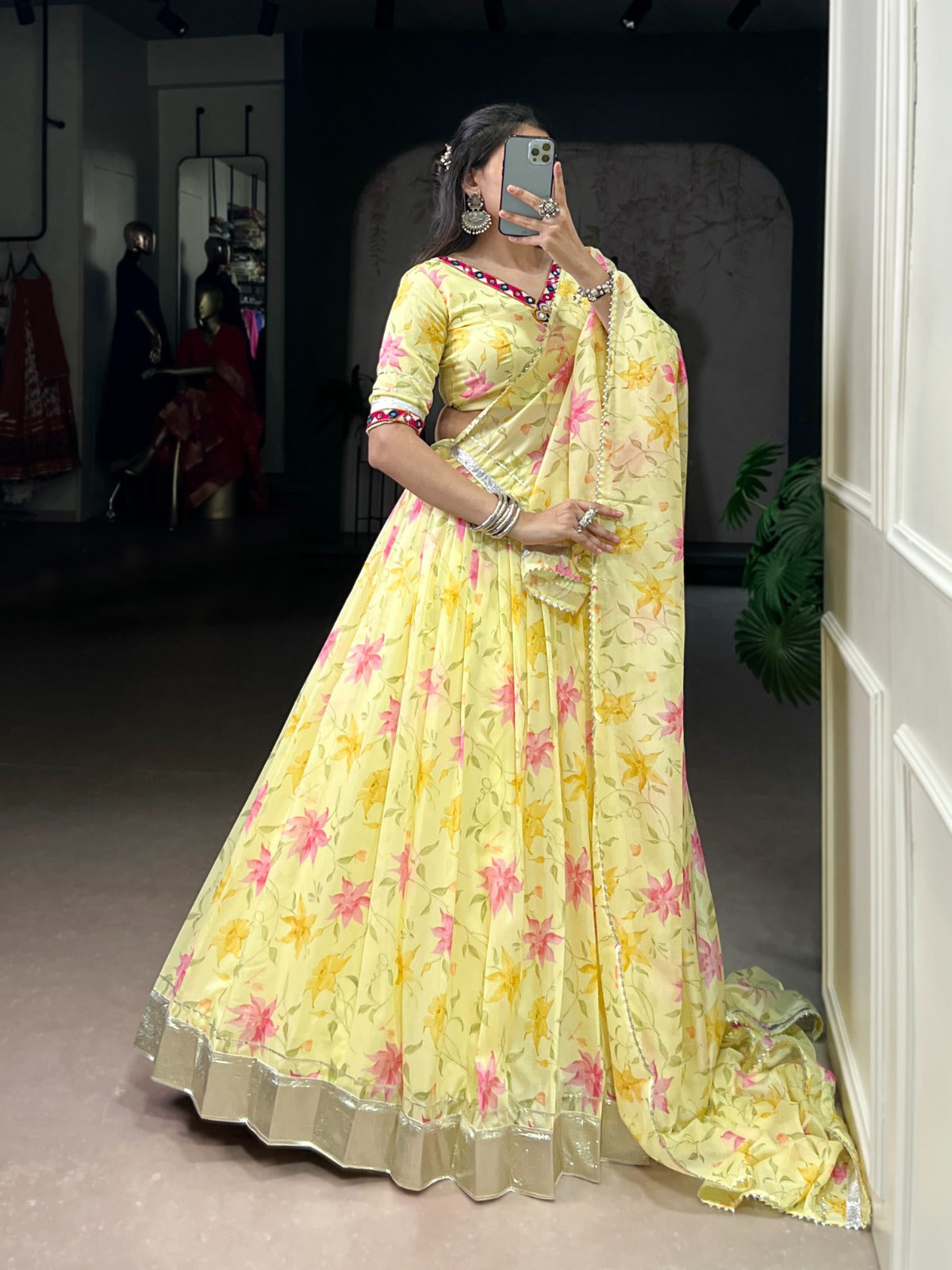 Yellow Colour Tabby Silk Floral Print Party Wear Lehenga Choli With Dupatta