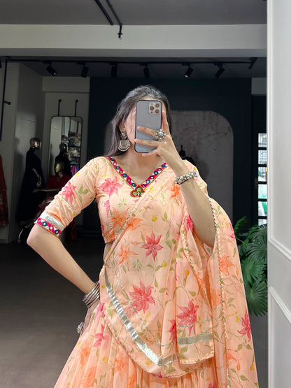 Peach Colour Tabby Silk Floral Print Party Wear Lehenga Choli With Dupatta