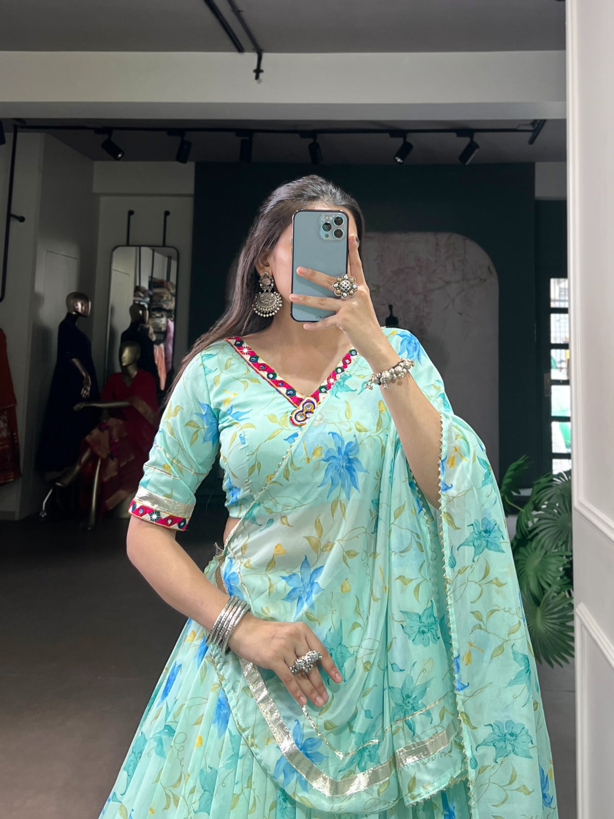 Powder Blue Colour Tabby Silk Floral Print Party Wear Lehenga Choli With Dupatta