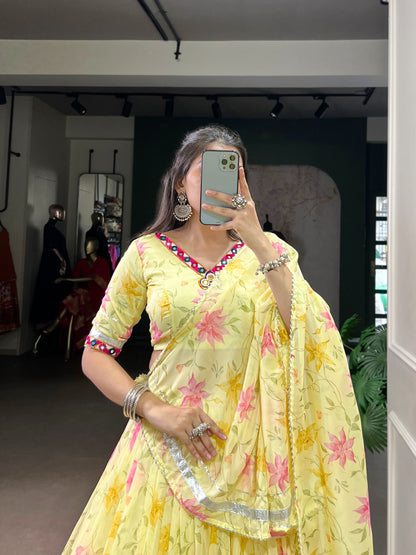 Yellow Colour Tabby Silk Floral Print Party Wear Lehenga Choli With Dupatta