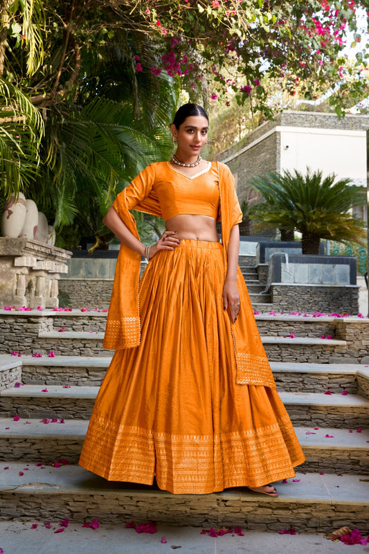 Pure Chanderi Plain With Zari Border Party Wear Lehenga Choli With Dupatta