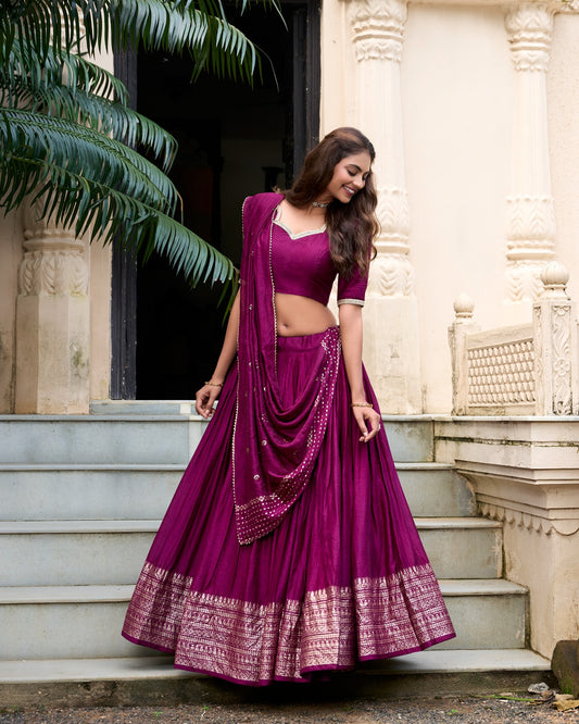 Pure Chanderi Plain With Zari Border Party Wear Lehenga Choli With Dupatta