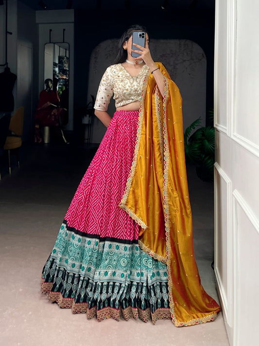 Bandhej and Ajarakh Print Lehenga Choli With Dupatta