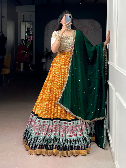 Bandhej and Ajarakh Print Lehenga Choli With Dupatta