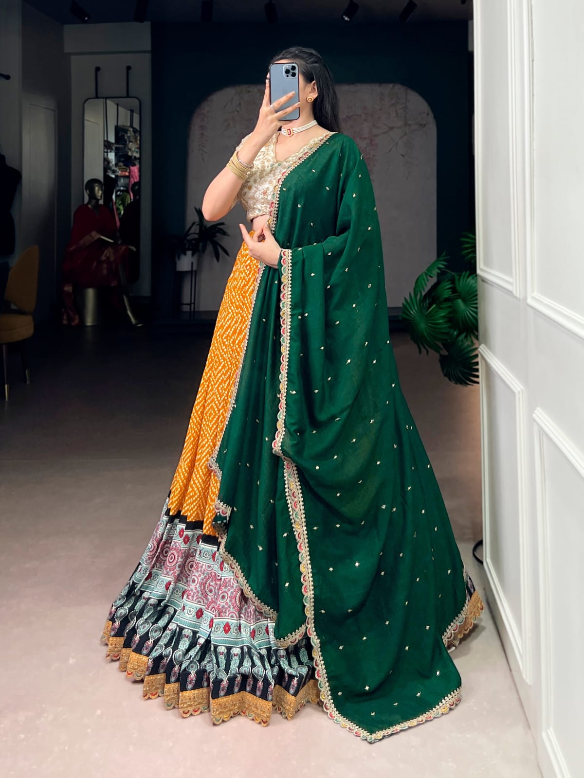 Bandhej and Ajarakh Print Lehenga Choli With Dupatta