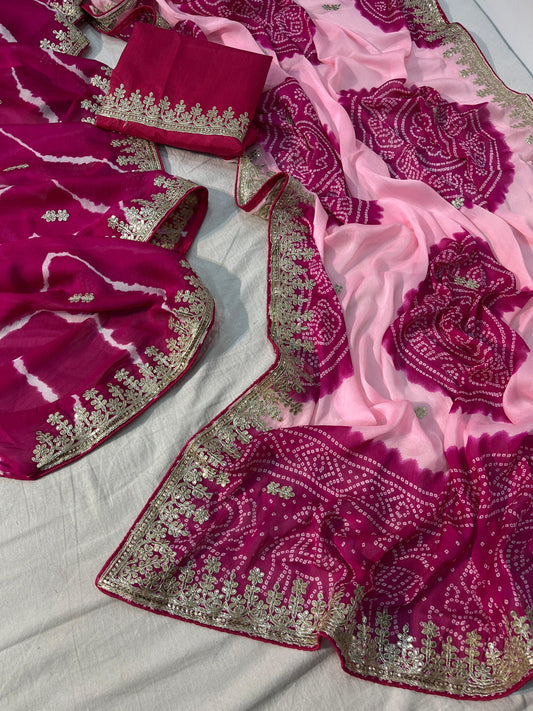 Bandej Print Gotapatti Work Saree with Unstitched Blouse