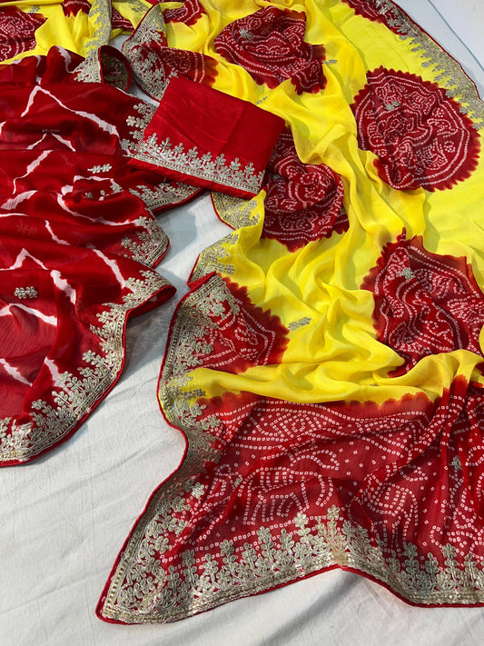 Bandej Print Gotapatti Work Saree with Unstitched Blouse