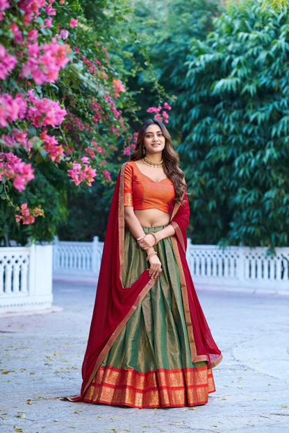 Green and Red Kanchipuram Lehenga
