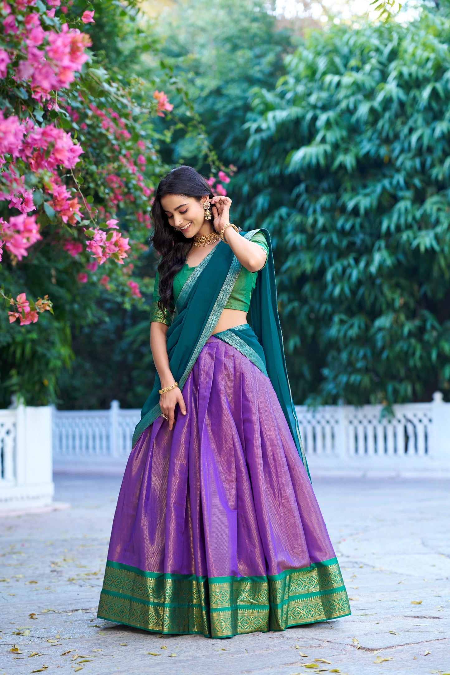 Lavender and Green Kanchipuram Lehenga