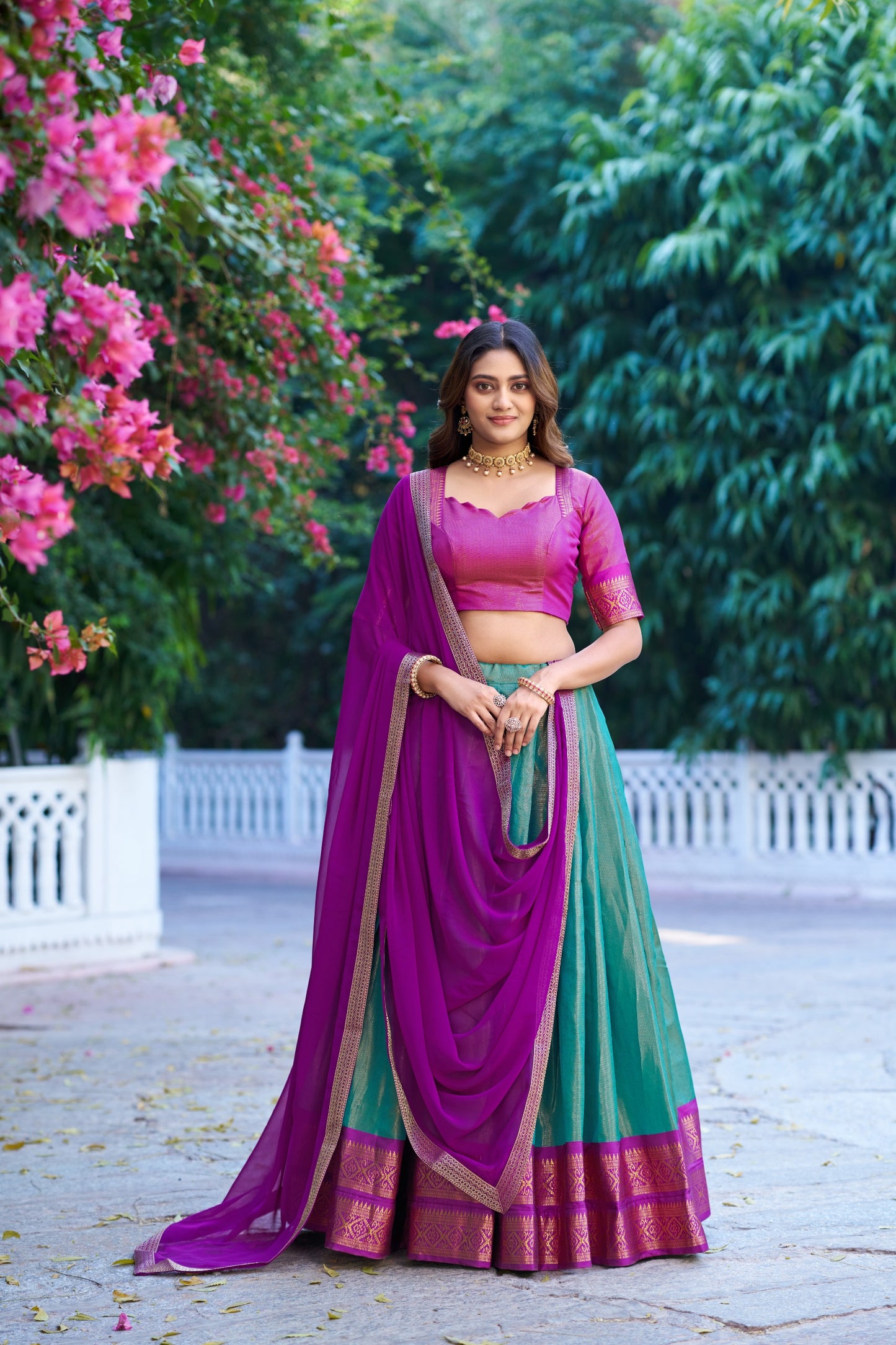 Teal Blue and  Pink Kanchipuram Lehenga