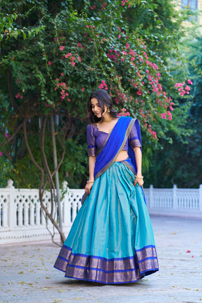 Sky Blue and Royal Blue Kanchipuram Lehenga