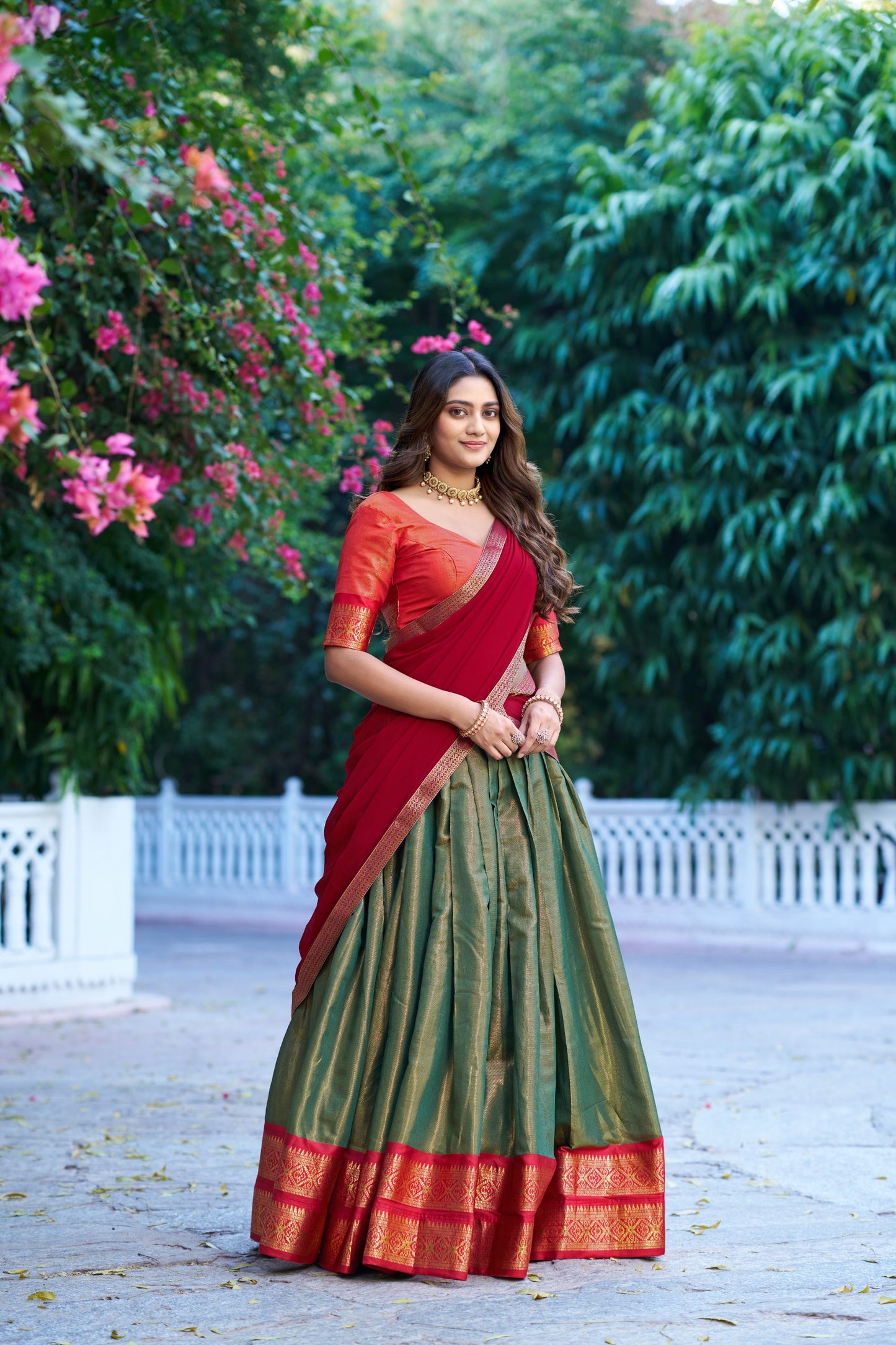Green and Red Kanchipuram Lehenga