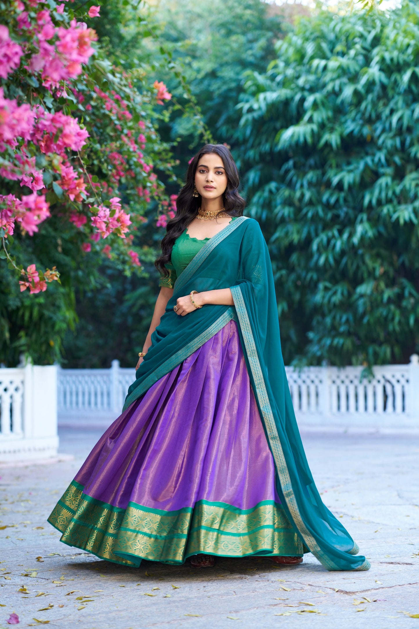 Lavender and Green Kanchipuram Lehenga