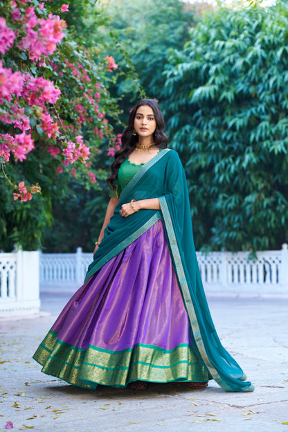 Lavender and Green Kanchipuram Lehenga