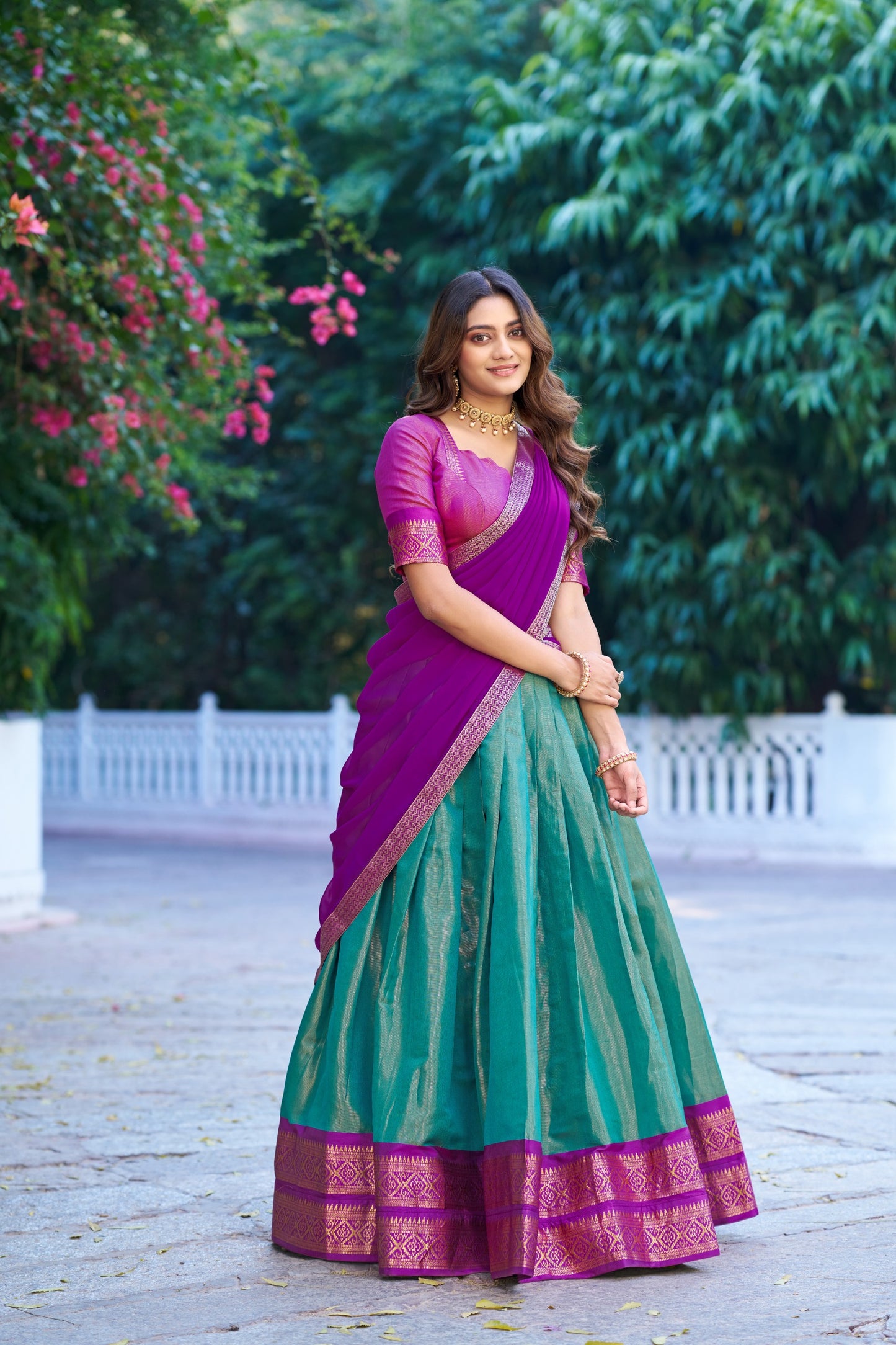 Teal Blue and  Pink Kanchipuram Lehenga