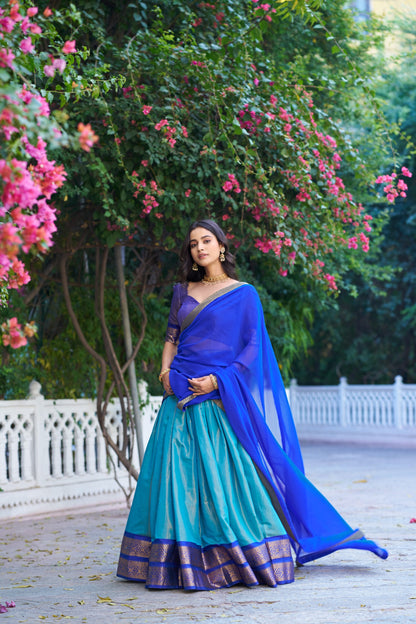 Sky Blue and Royal Blue Kanchipuram Lehenga