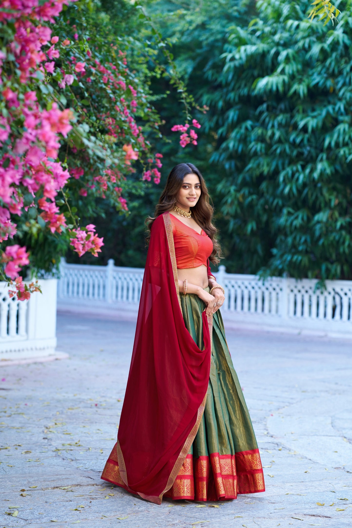 Green and Red Kanchipuram Lehenga