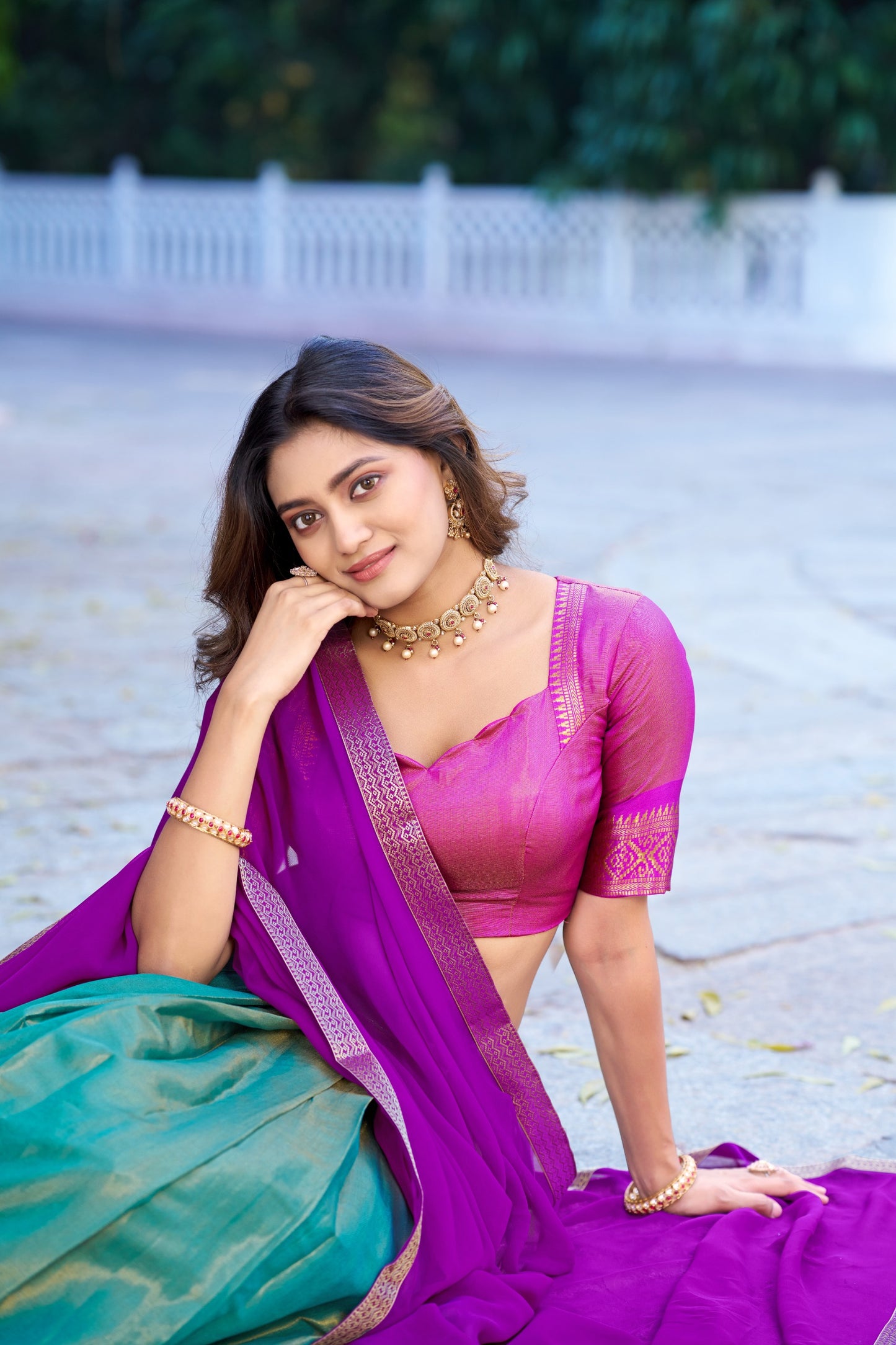 Teal Blue and  Pink Kanchipuram Lehenga