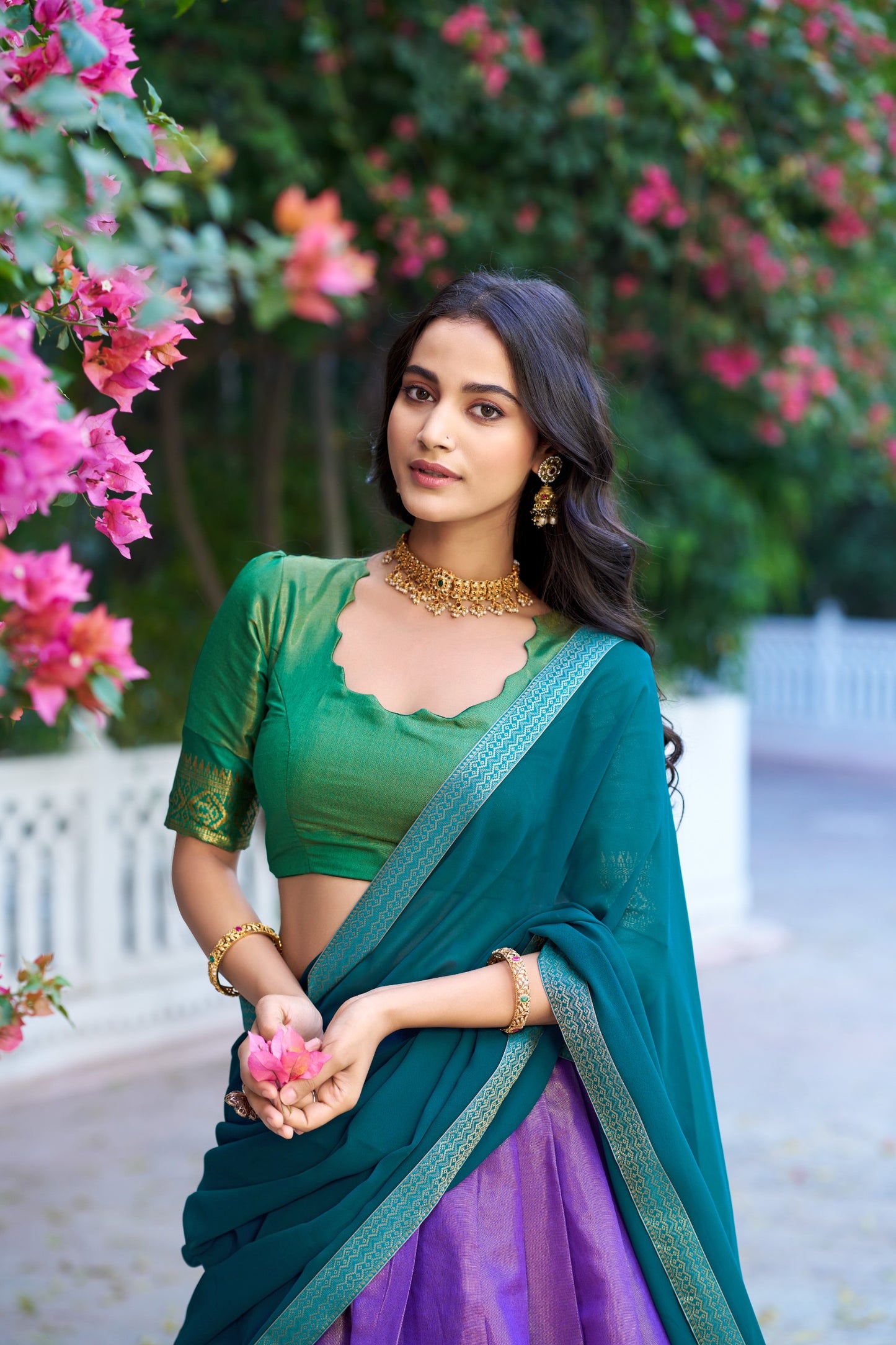 Lavender and Green Kanchipuram Lehenga
