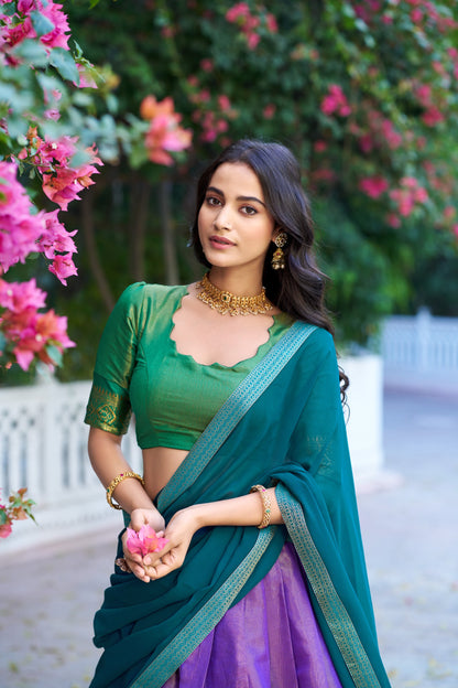 Lavender and Green Kanchipuram Lehenga