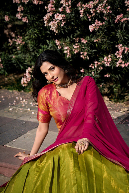 Mehendi Green and  Magenta Pink Kanchipuram Silk Half Saree