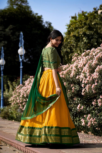 Yellow and Green Kanchipuram Lehenga