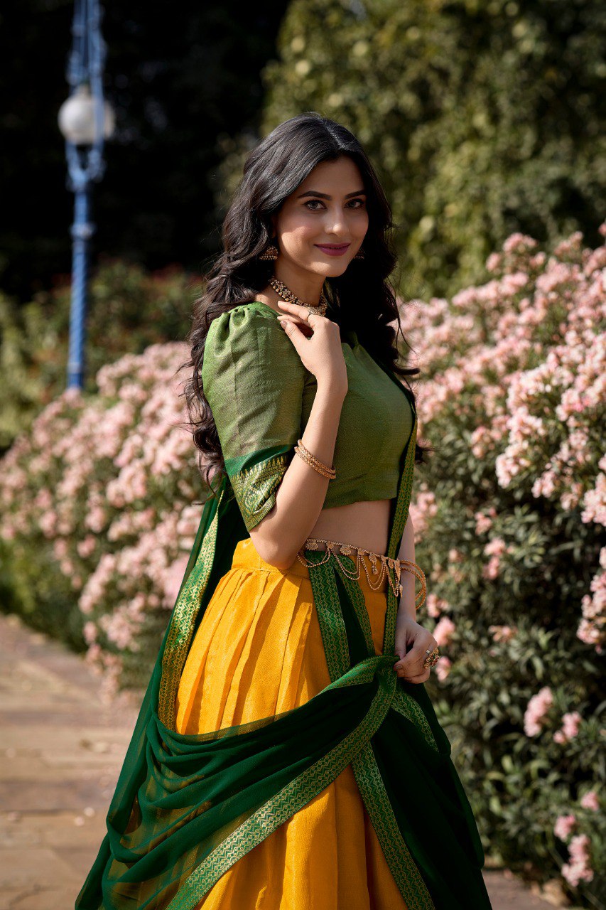 Yellow and Green Kanchipuram Lehenga