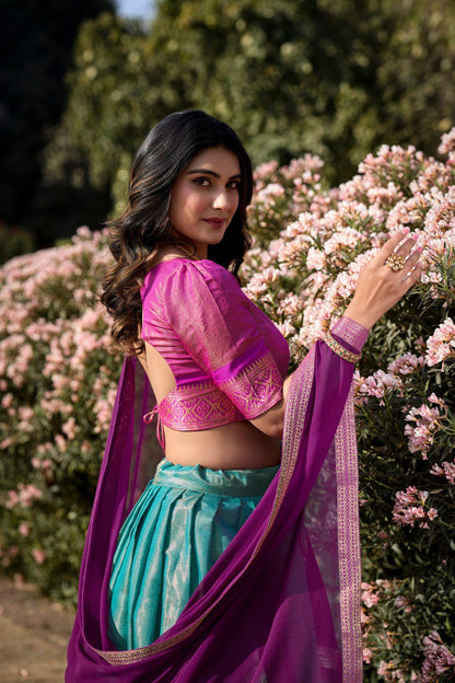 Sky Blue and Hot Pink Kanchipuram Lehenga Choli