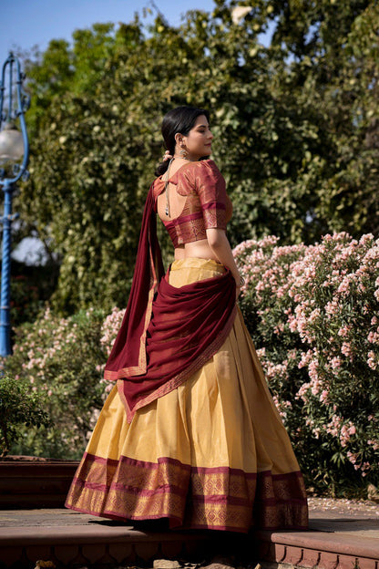Golden Beige Kanchipuram Lehenga with Maroon Dupatta