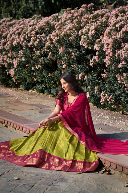 Mehendi Green and  Magenta Pink Kanchipuram Silk Half Saree