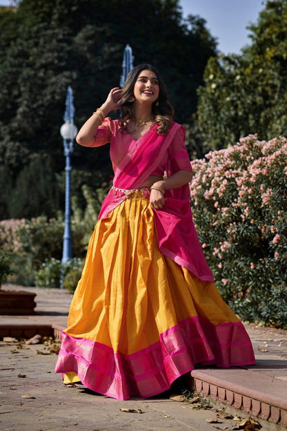 Mustard Yellow and Hot Pink Kanchipuram Lehenga Choli