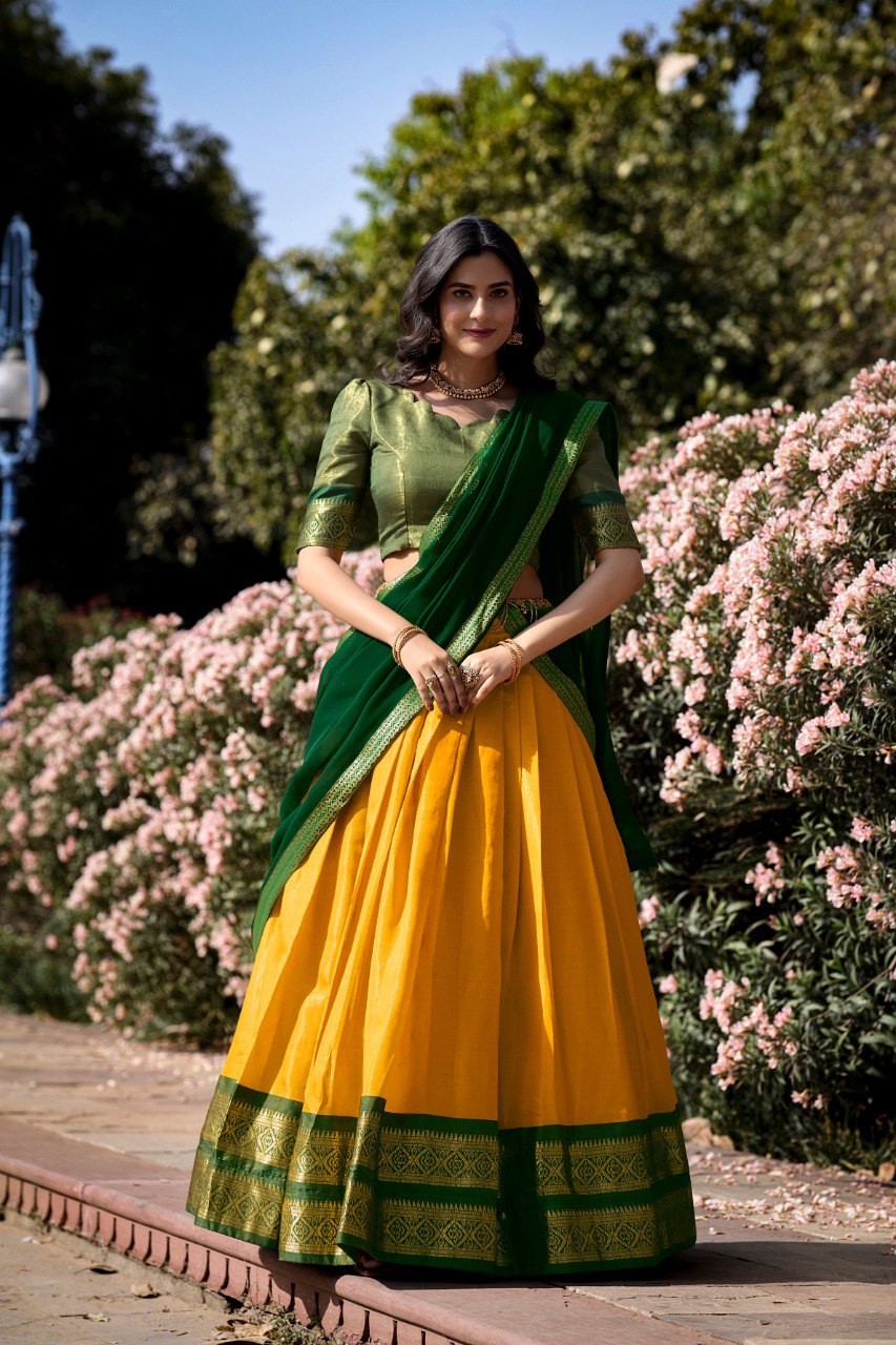 Yellow and Green Kanchipuram Lehenga