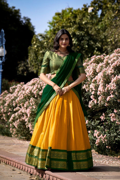 Yellow and Green Kanchipuram Lehenga