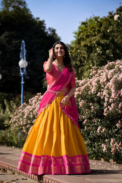 Mustard Yellow and Hot Pink Kanchipuram Lehenga Choli
