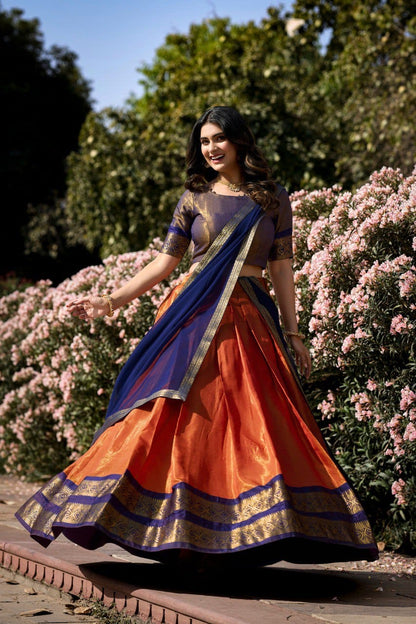 Orange and Blue Kanchipuram Lehenga Choli
