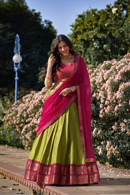 Mehendi Green and  Magenta Pink Kanchipuram Silk Half Saree