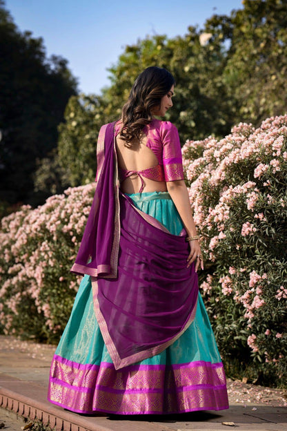 Sky Blue and Hot Pink Kanchipuram Lehenga Choli