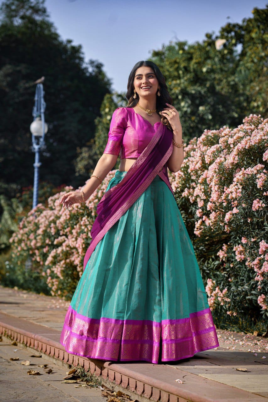 Sky Blue and Hot Pink Kanchipuram Lehenga Choli