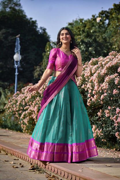 Sky Blue and Hot Pink Kanchipuram Lehenga Choli