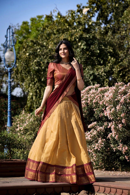 Golden Beige Kanchipuram Lehenga with Maroon Dupatta