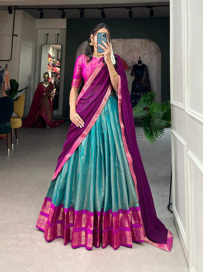 Sky Blue and Hot Pink Kanchipuram Lehenga Choli