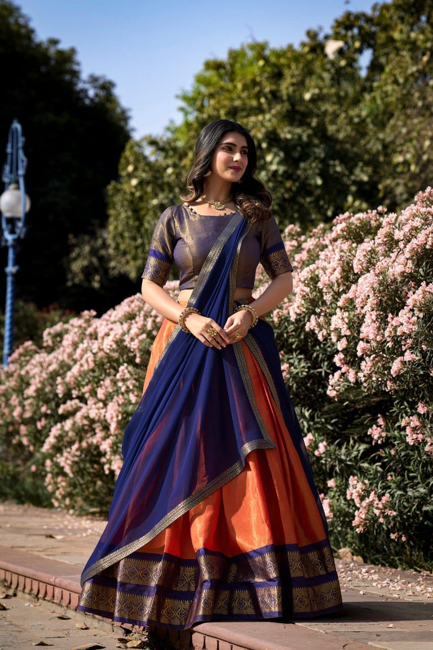Orange and Blue Kanchipuram Lehenga Choli