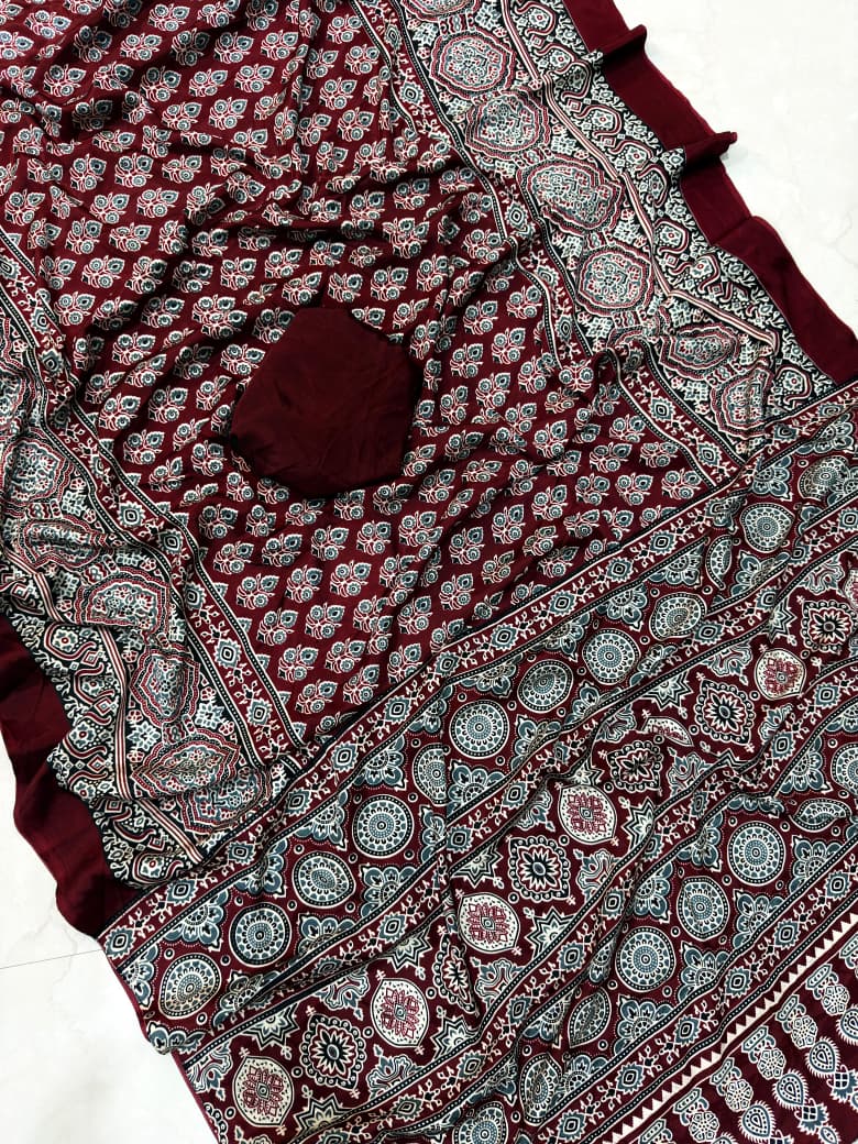 Ajarakh Print Saree With Unstitched Blouse