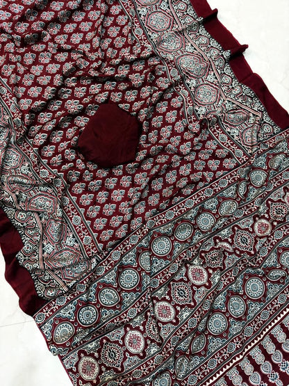 Ajarakh Print Saree With Unstitched Blouse