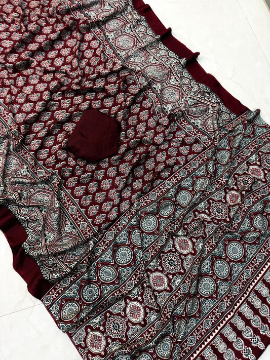 Ajarakh Print Saree With Unstitched Blouse