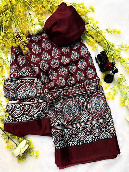 Ajarakh Print Saree With Unstitched Blouse