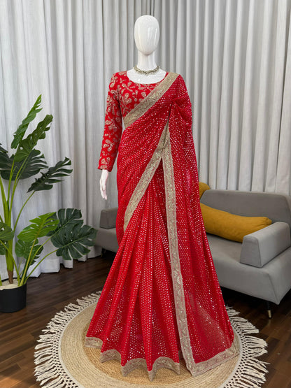 Red Colour Sequence Work Designer Saree with Unstitched Blouse